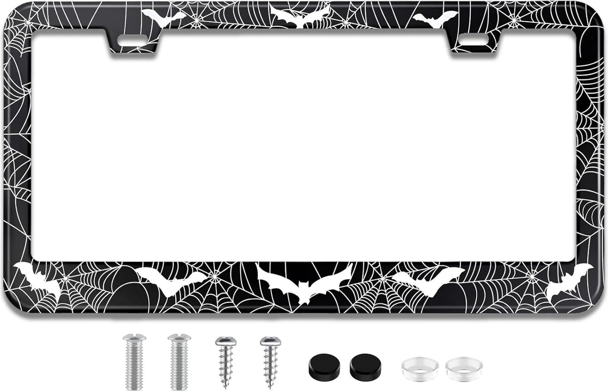 License Plate Frame for Bats and Spider Webs Stainless Steel License Plate Frames Holder Covers Rust-Proof Auto Parts Decoration with Screws License Plate Holder for Car Accessories 12x6 Inch