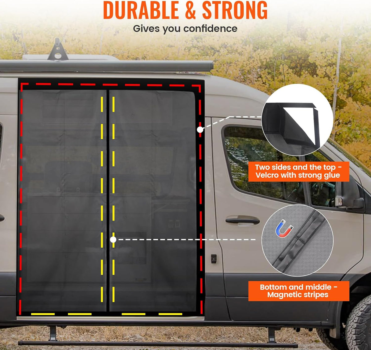 71''H x 59''W Van Bug Screen Side Door Sliding Door Window Covers with Magnetic Closure Car Window Screens for Camping Fits Mercedes Sprinter Ford Transit and RAM Promaster
