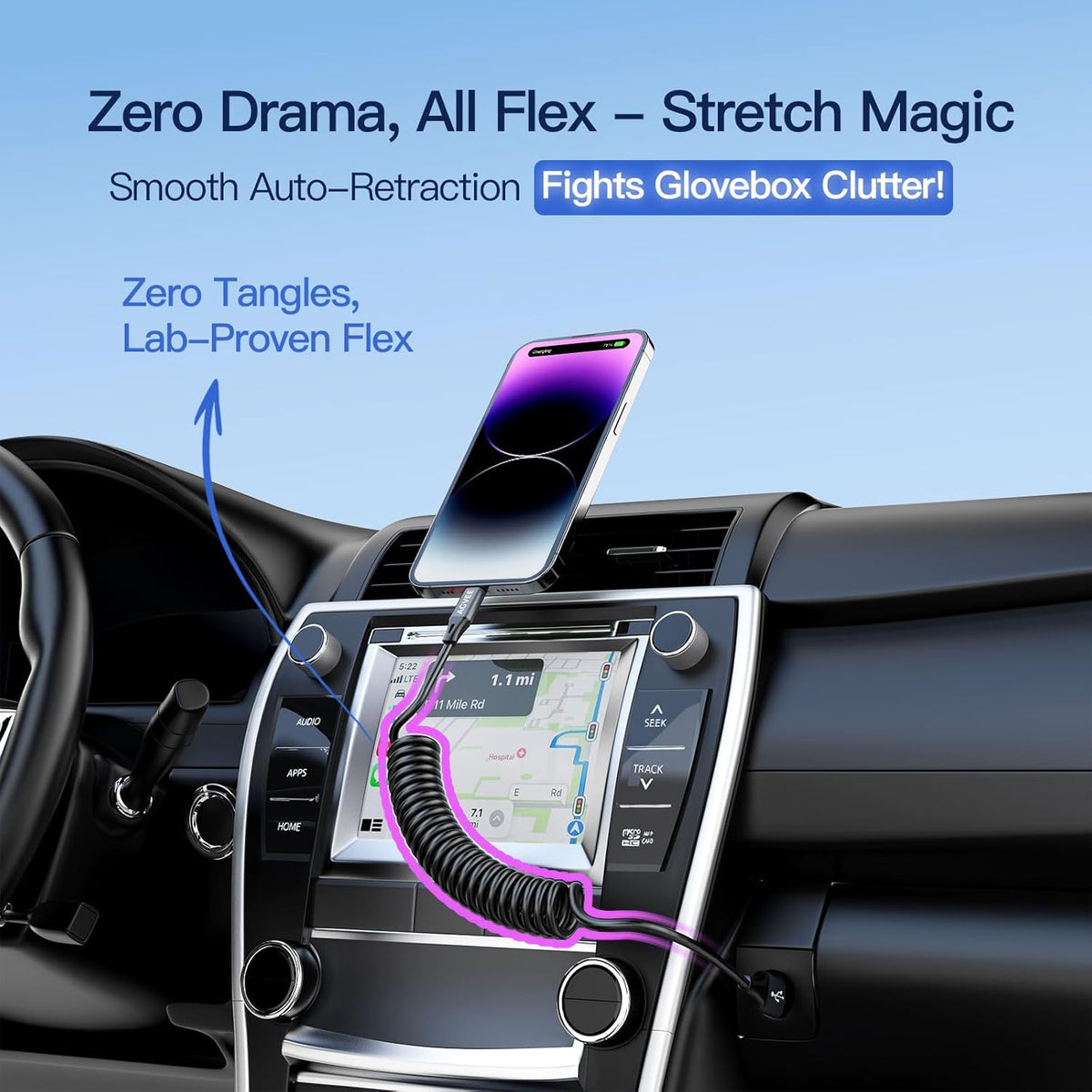 AGVEE 3ft Coiled Short USB to Lightning Charging Cable [MFI Certified] 3A Fast Charger Cord in Car for iPhone 14/13/12/11/XS/8/7/6/5 CarPlay, iPad, iPod, Dark Gray