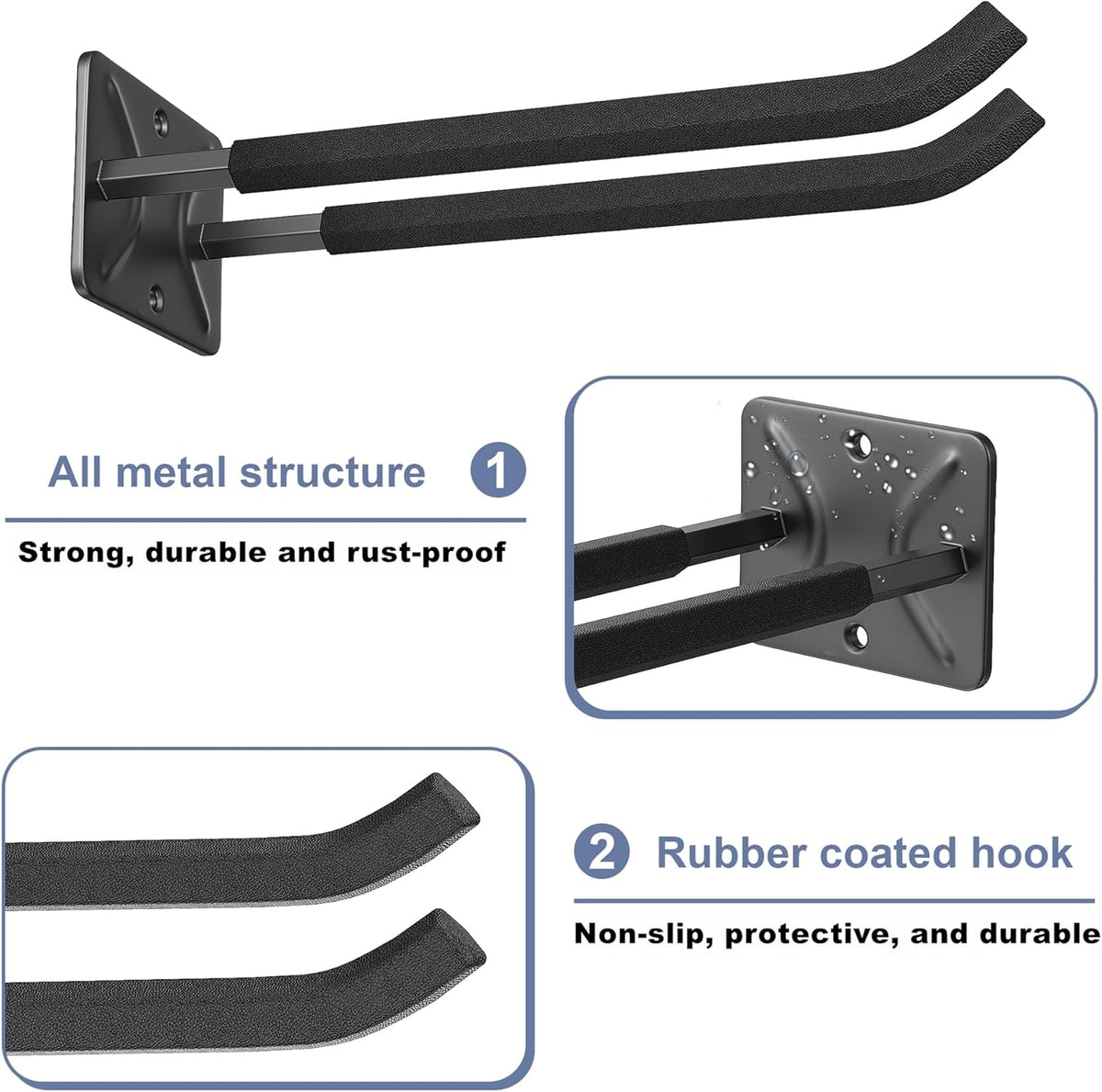WALMANN Wall Mounted Garage Hooks, Heavy Duty 12-inch Tool Hooks for Hanging, Tool Hangers for Car Tires, Ladders, Folding Chairs, Strollers, Garden Tools (Pack of 4)