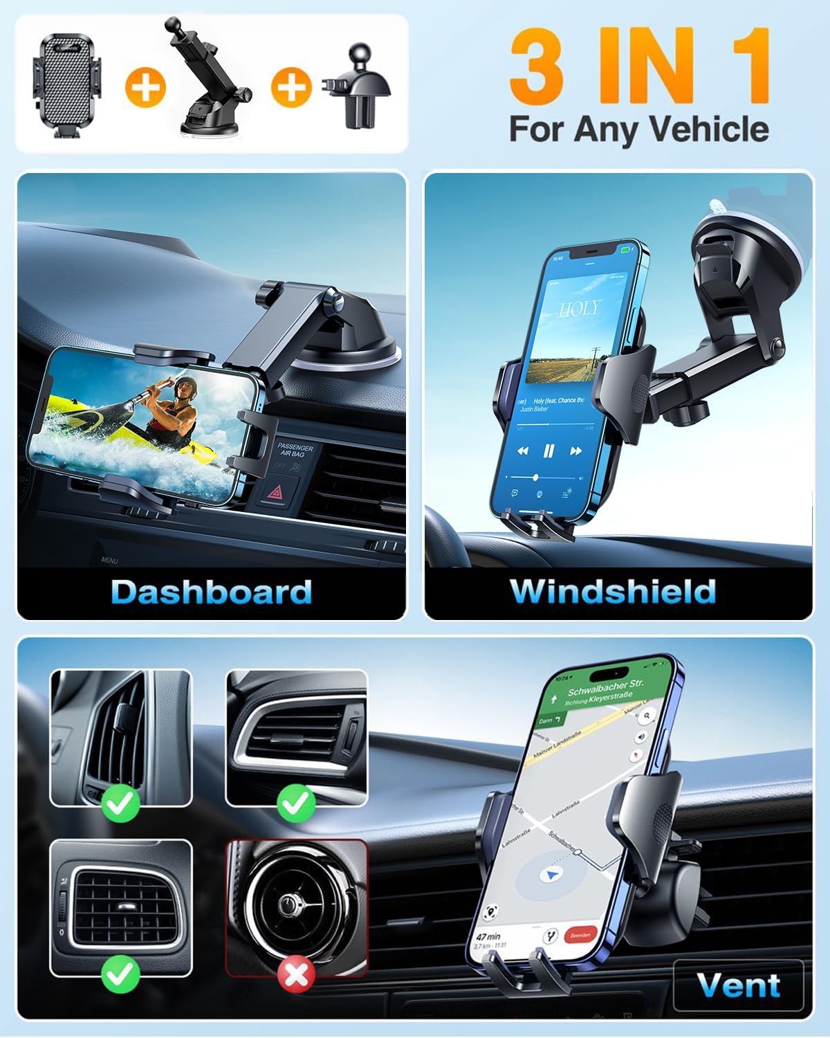 VANMASS Car Phone Holder 2025 Military-Grade Phone Holder for Your Car Windshield Dashboard【 65 Lbs Strongest Suction】【Patent & Safety Certs】 Universal Cell Phone Car Mount for iPhone Samsung Android