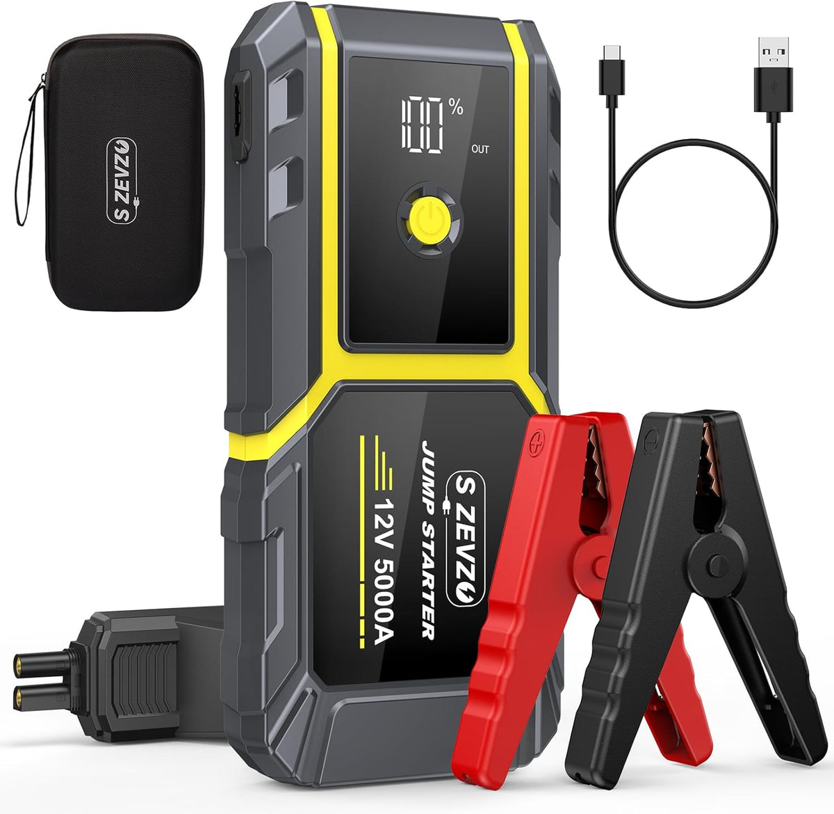 S ZEVZO H021 Car Jump Starter, Peak 5000A Jump Starter Battery Pack for Up to 10.0L Gas and 8.0L Diesel Engines, 12V Portable Jump Box with LCD Display, 3 Modes Flashlight and Protective Carrying Case