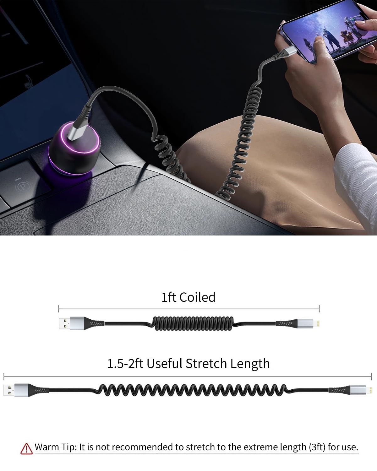 Coiled Lightning Cable, 2 Pack Retractable iPhone Charger Cord for Car, USB to Lightning Cable Fast Charging Compatible with iPhone 14 13 12 11 Pro Max Mini 10 8 Plus XR SE, AirPods