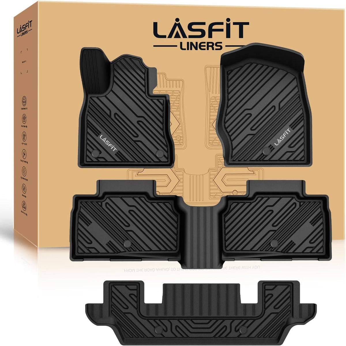 LASFIT Floor Mats for Ford Explorer 2020-2025 6 Passenger TPE All Weather Protector Anti-Slip Floor Liners, 2025 2024 2023 2022 2021 2020 Explorer 6 Seats Accessories, 1st 2nd & 3rd Row, 4pcs Black