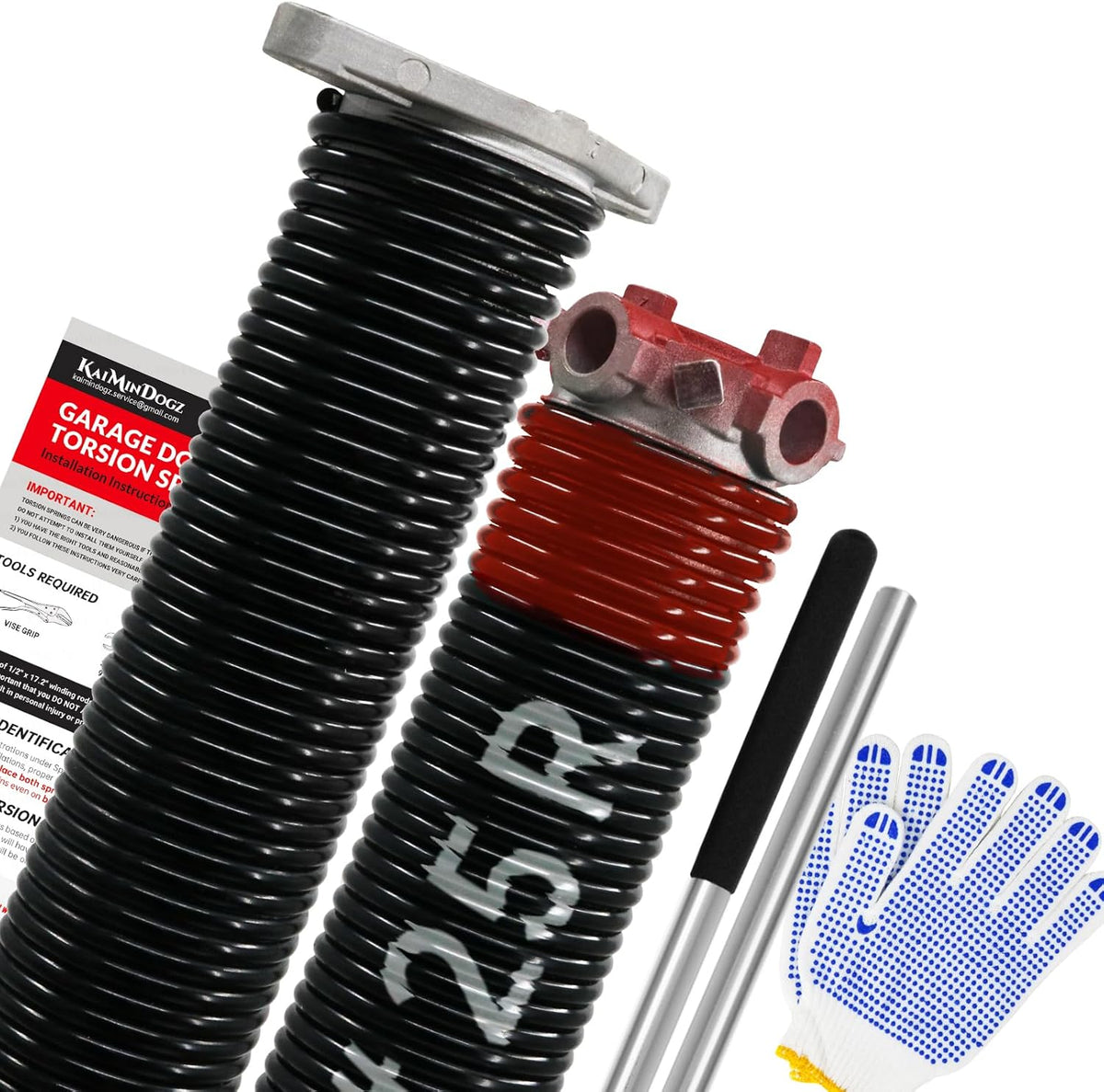 Pair of 1.75" Garage Door Torsion Springs Set with Non-Slip Winding Bars&Gloves, High Precision Electrophoresis Oil-Free Black Coated for Replacement, MIN 16,000 Cycles (0.225 x 1.75"x 25")