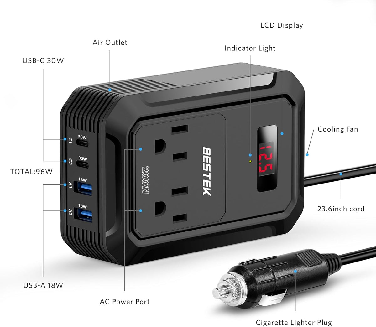 BESTEK 200W Car Power Inverter - DC 12V to 110V AC Converter with 2 USB-C(30W) and 2 USB-QC(18W) - Fast Car Charger Adapter with LCD Screen, Dual AC Adapter for Laptops (Black)
