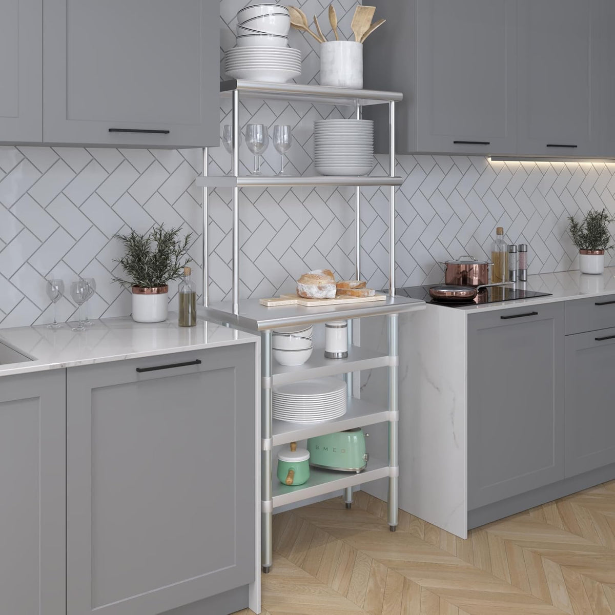 Amgood 18" x 30" Stainless Steel Work Table with 3 Shelves and 12" Wide Double Tier Overshelf | Metal Kitchen Prep Table & Shelving Combo | NSF