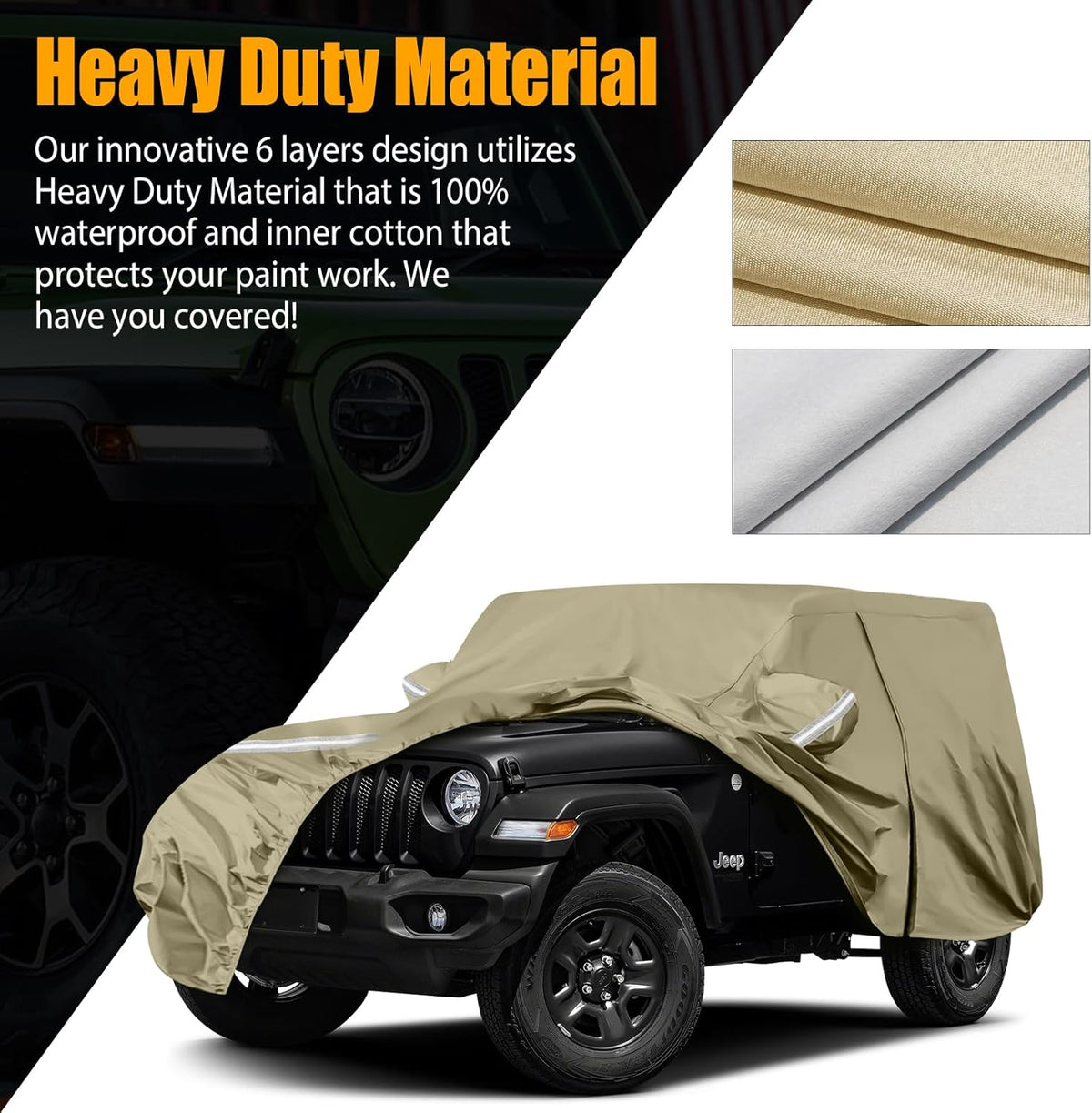 Waterproof Car Covers Replace for 2007-2025 Jeep Wrangler 2 Door, Multilayer Heavy Duty with Cotton Liner All Weather Car Cover with Zipper Door, Windproof Bands for Snow Rain Dust Protection