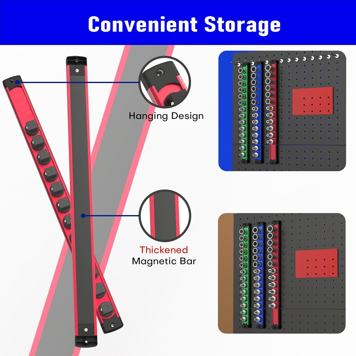 Magnetic Socket Holder Organizer Set, 3-Piece Heavy Duty Socket Rack Kit, 360° Swivel Aluminum Alloy Socket Rail for Tool Box - 1/4-Inch x 14 Clips, 3/8-Inch x 14 Clips, 1/2-Inch x 12 Clips