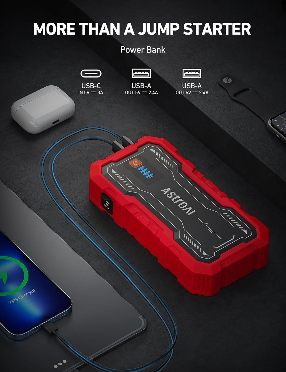 AstroAI S8 Pro Car Battery Jump Starter, 3000A Peak Jump Starter Battery Pack for Up to 9.0L Gas & 7.0L Diesel Engines, 12V Portable Jumper Box with 3 Modes Flashlight and Jumper Cables, Red