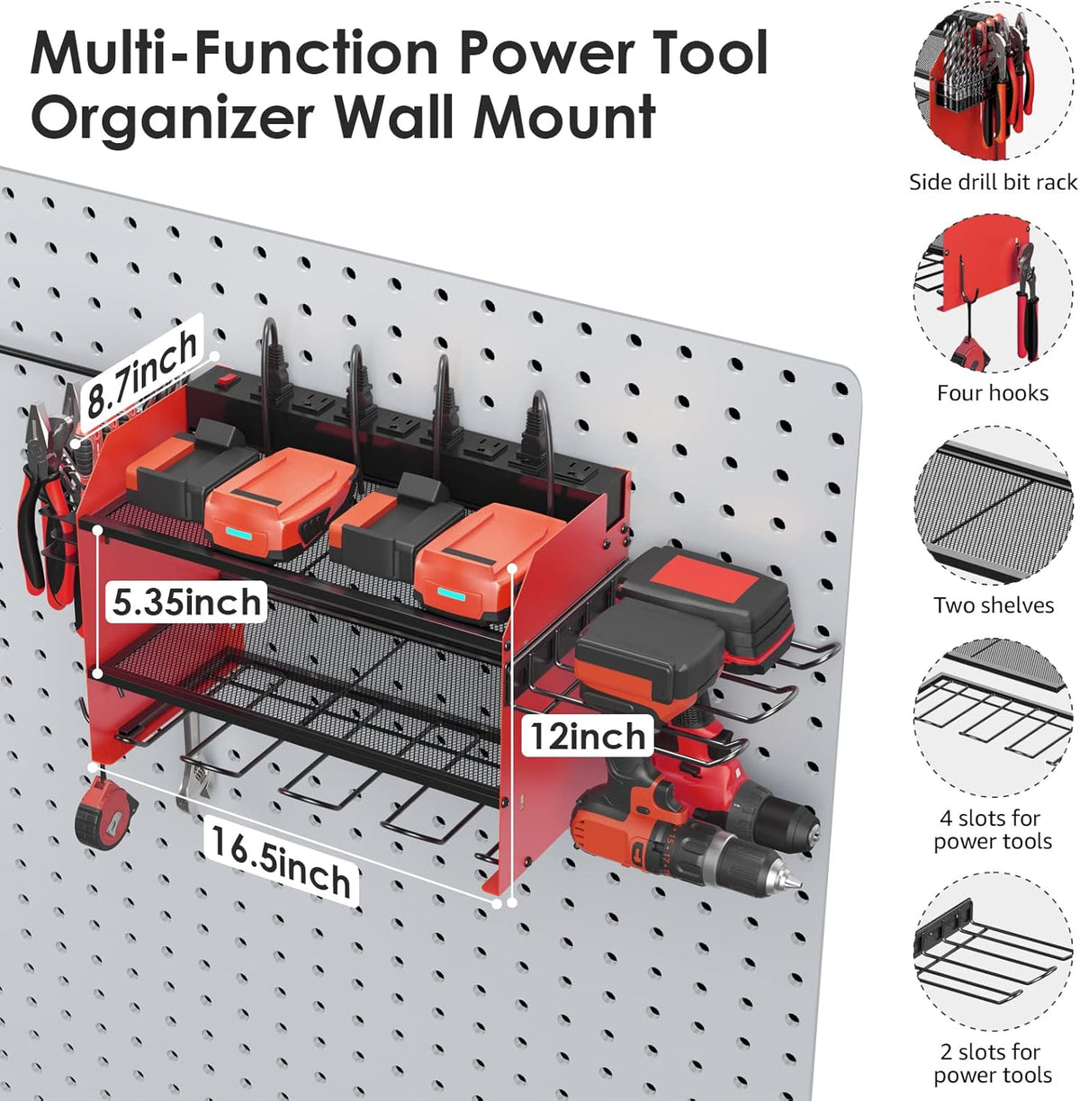 CCCEI Modular Power Tool Organizer Wall Mount Charging Station, Red 6 Drills Holder with 8 Plug Power Strip 10FT, Garage Drill Battery Heavy Duty Metal Shelf, Utility Rack with Hooks, Side Storage.