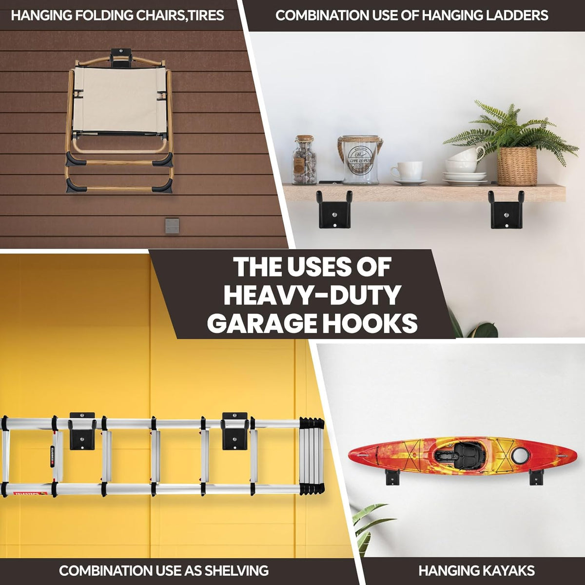 14" Large Heavy Duty Garage Hooks, 4-Pack Steel Garage Storage Hooks with Support Rods, Utility Wall Mount Hangers for Power Tools, Car Tires, Ladders, Chairs, Garden Tools and More