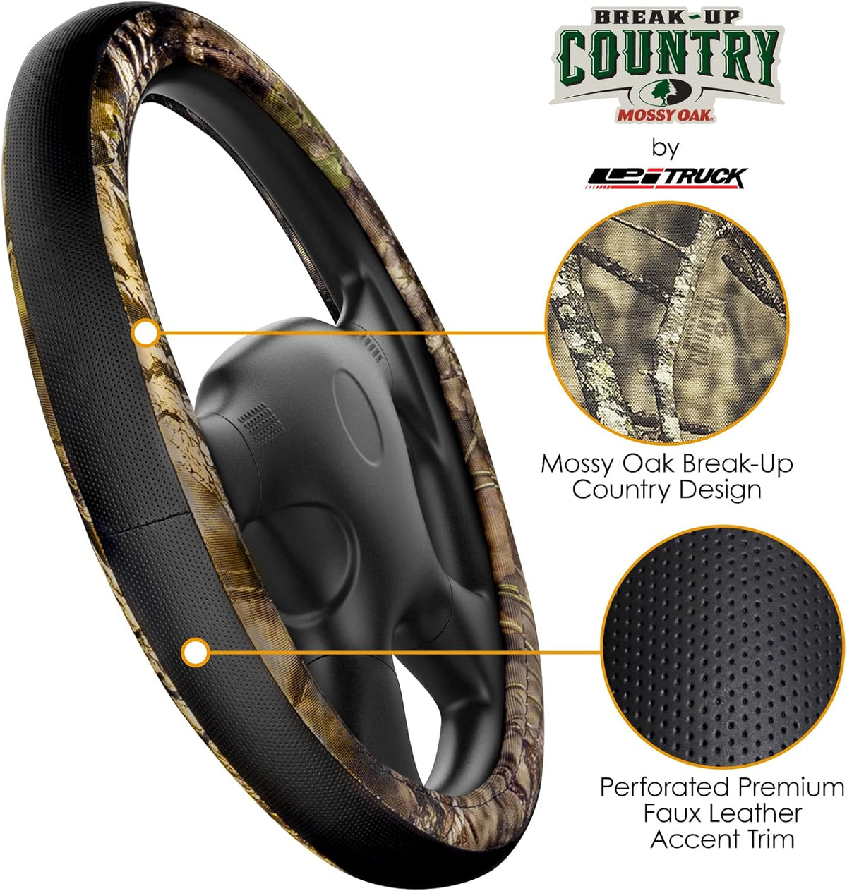 Mossy Oak Steering Wheel Cover by LPI Truck; Heavy Duty 600D Oxford Material with Mossy Oak Break-up Country Camoflauge; Fits All Car, SUV, Mini-Van and Truck with Steering Wheel Size 14.5" to 15"