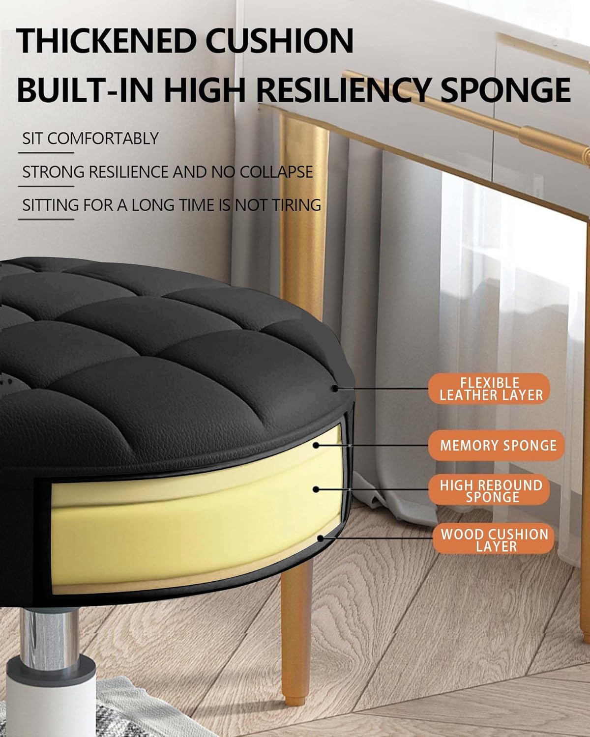 Small Chair Round Rolling Stool with Wheels PU Leather Height Adjustable Swivel Drafting Work SPA Salon Stools Home Office Chair,4 Pack