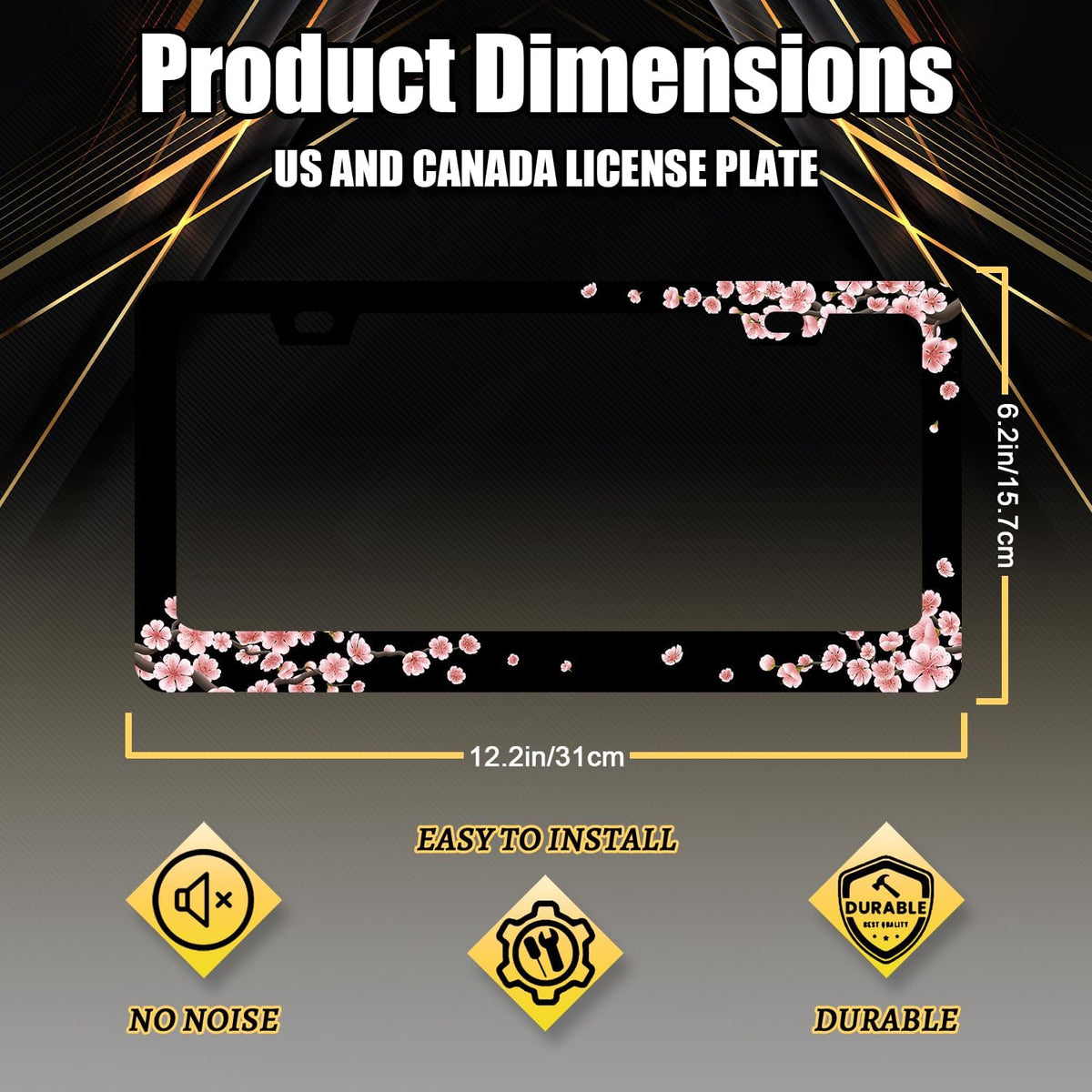Beautiful Cherry Blossom License Plate Frame Pink Floral License Plate Holder Stainless Steel Colorful License Plate for USA Canada 6.3"X12.3" with 2 Holes and Screws