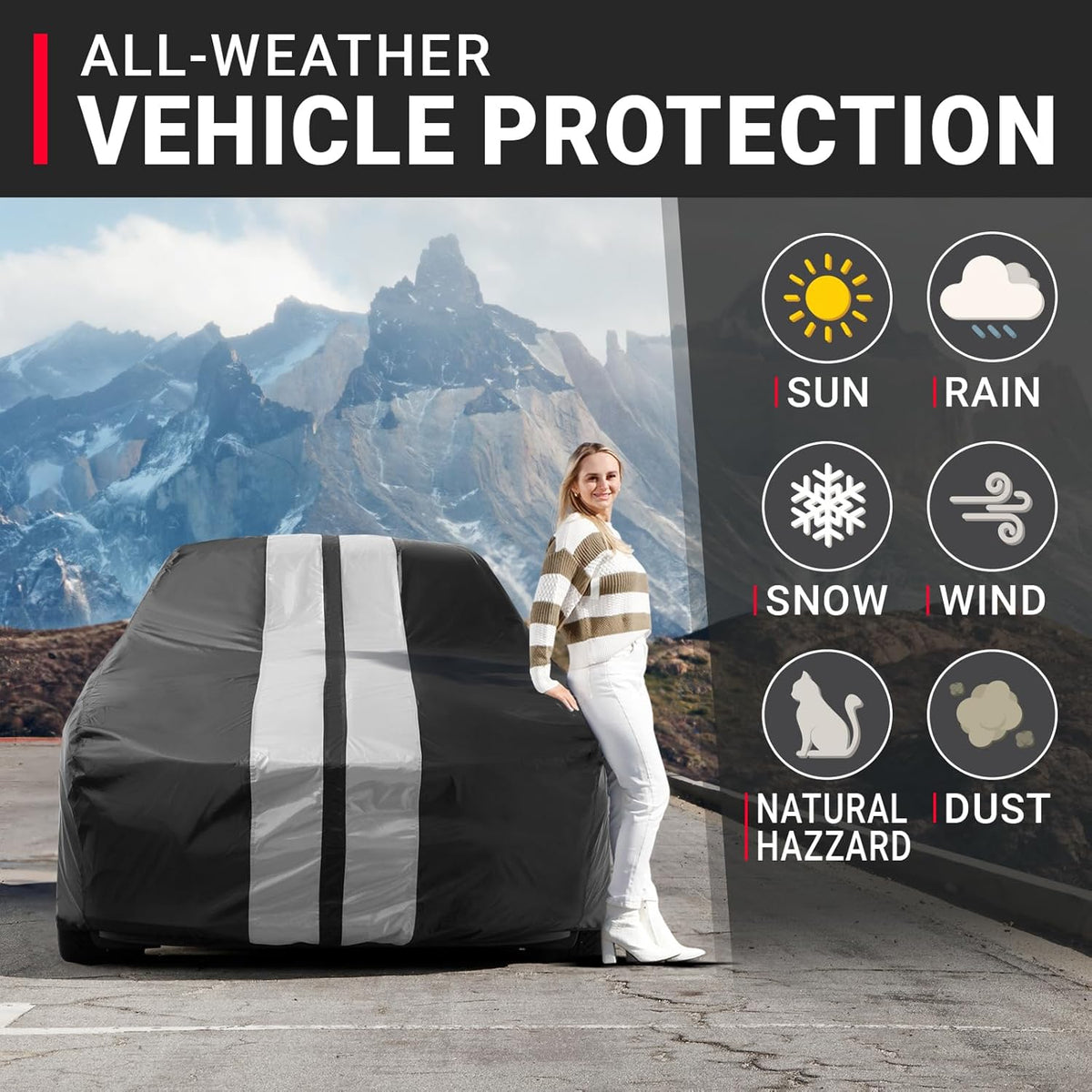 iCarCover Custom Car Cover for Pontiac Bonneville (1977-1981) Waterproof All-Weather Rain Snow UV Sun Protector Full Exterior Indoor Outdoor Car Cover (Stripe - Black/Gray)