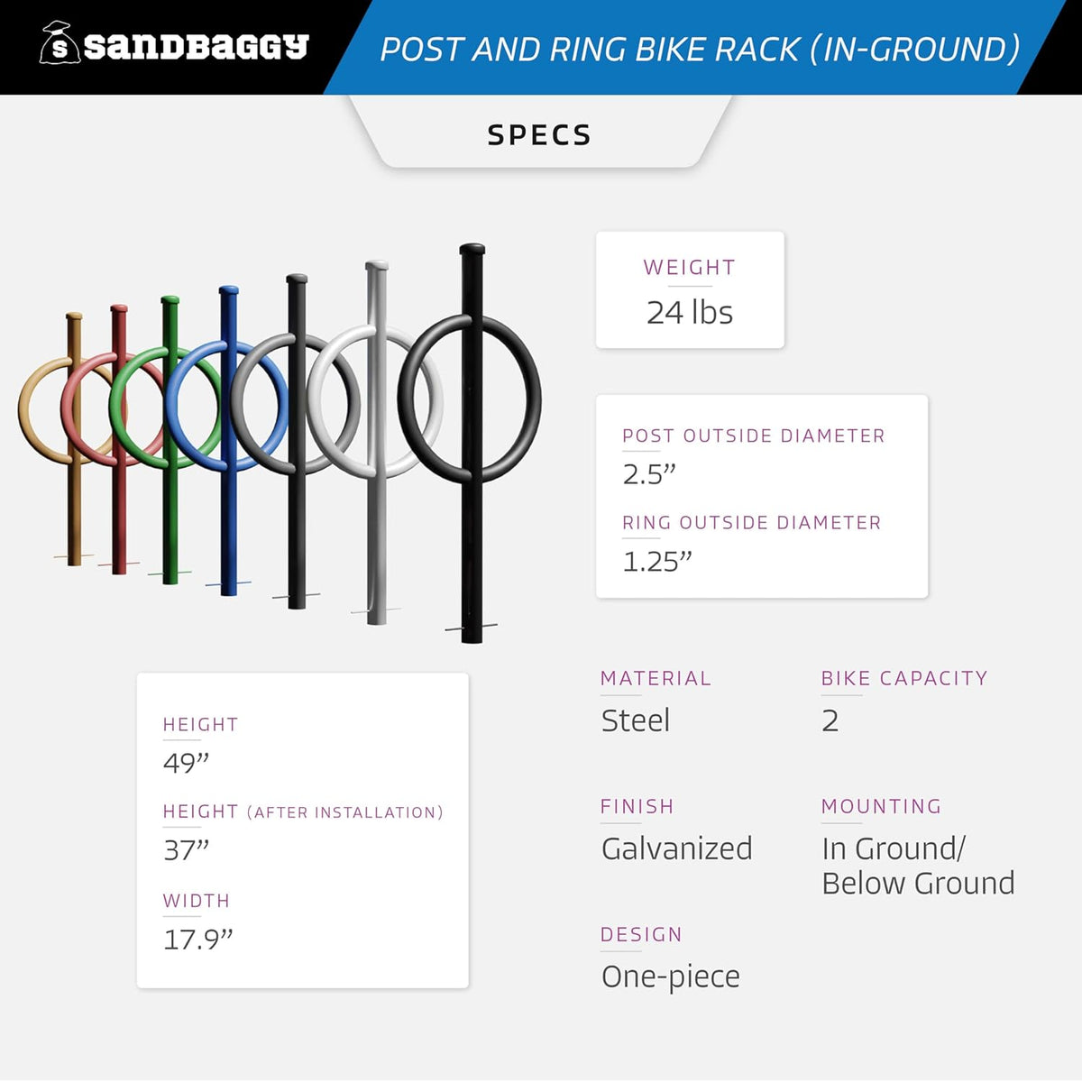 Sandbaggy Post and Ring Rack - In Ground - Commercial Outdoor Bike Parking & Storage Racks (Black, 10)
