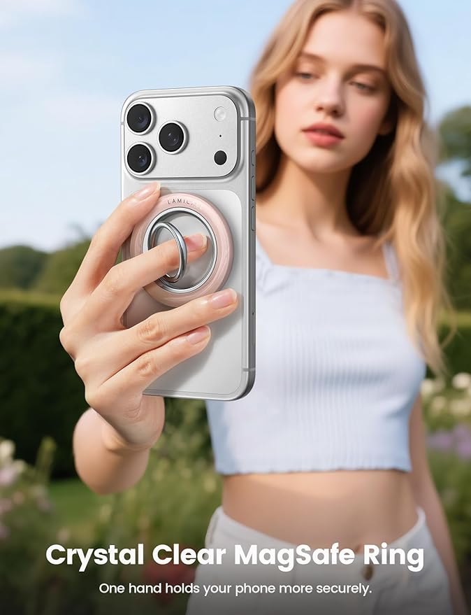 Lamicall for MagSafe Magnetic Phone Ring, 360° Rotating Ring with [Smooth Damping], Crystal Pink Finger Grip Christmas for Girls, Women, Strong Mag Safe Accessories for iPhone 17 Pro Max, All Phones
