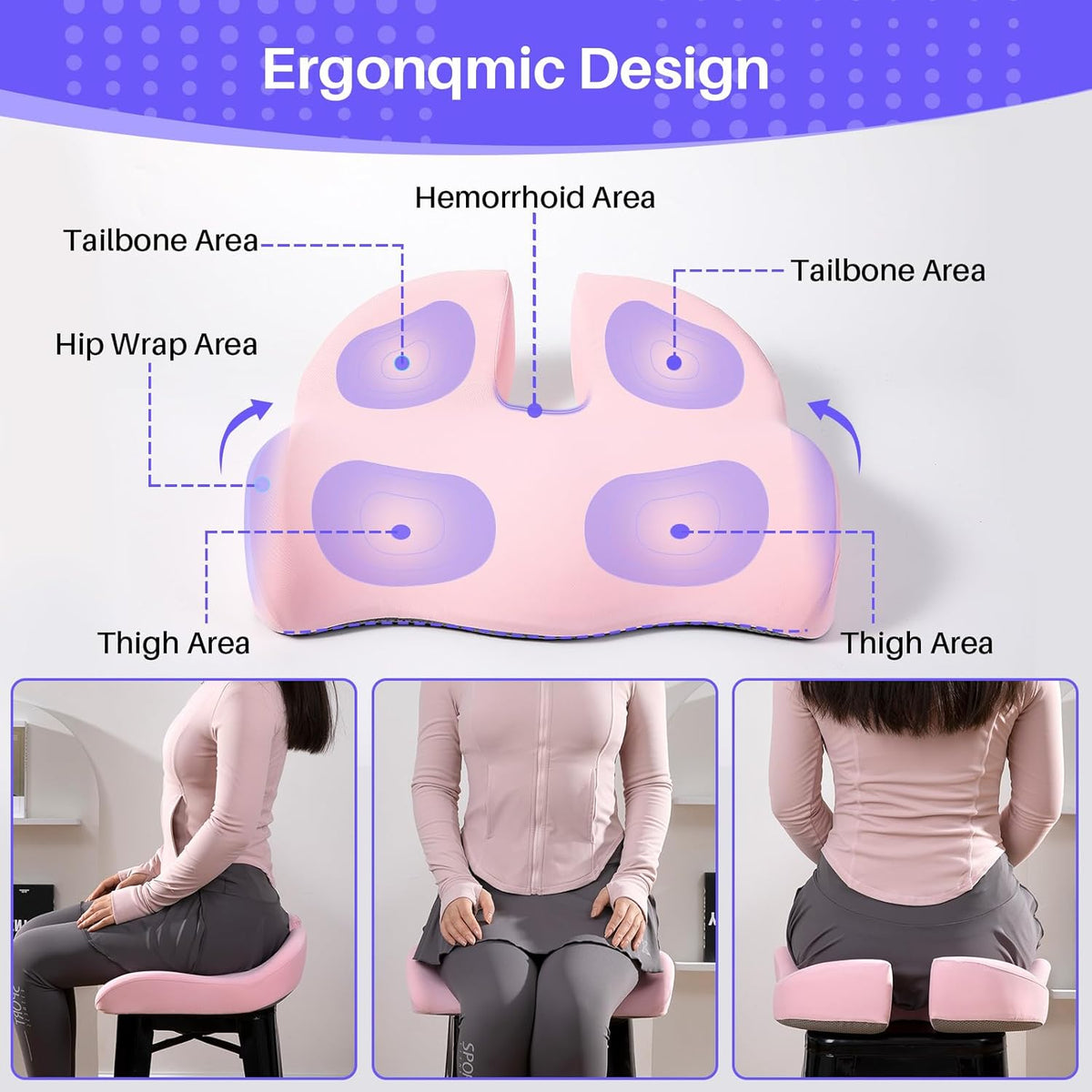Seat Cushion for Office Chair, Large Thick Seat Cushion for Tailbone Pain Relief, Sciatica & Back Support, Memory Foam Office Chair Cushion for Long Sitting, Coccyx Cushion for Car, Wheelchair (Pink)