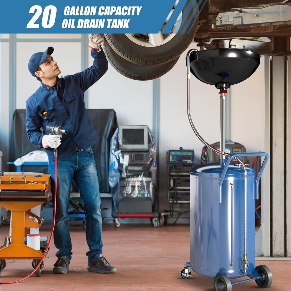 20-Gallon Waste Oil Drain Tank, Portable Air Operated Oil Drains with 360 ° Wheels,Oil Drain Container with Adjustable Funnel Height, Oil Change Container Suitable for Car Repair Shops and Garages