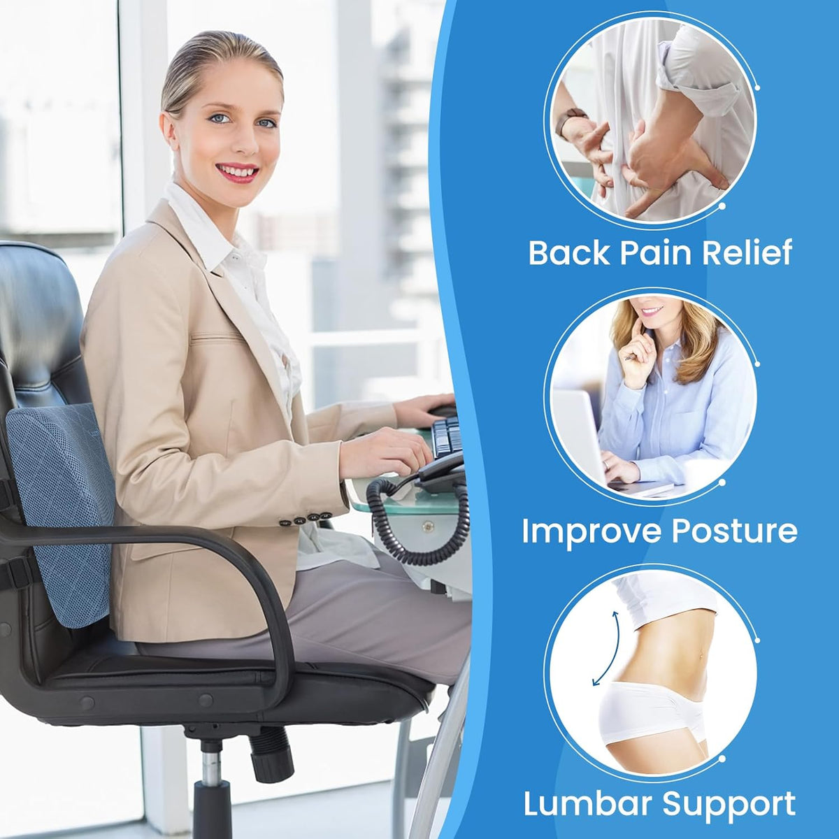Lumbar Support Pillow for Office Chair Back Support Lumbar Pillow for Car, Gaming, Office Chair - Improve Sitting Posture & Back Pain Relief, Memory Foam, Adjustable Straps, Light Blue