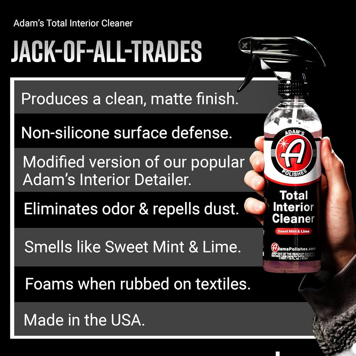 Adam's Polishes Total Interior Cleaner & Protectant, Quick Detailer & SiO2 Protection, Ceramic Infused, Anti-Static, OEM Finish, For Leather, Vinyl, Plastics, Glass & More