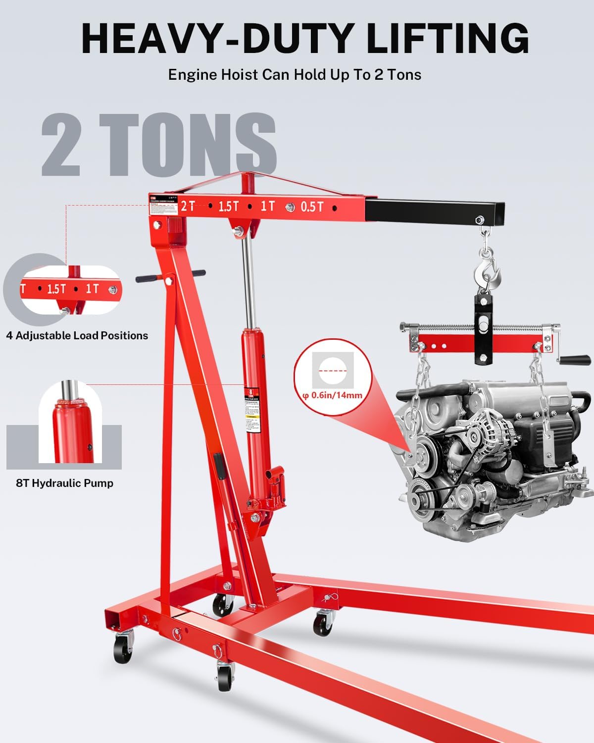 2-Ton Folding Engine Hoist with Lever, Hydraulic Shop Crane with 6 Swivel Wheels & Adjustable Boom (0.5T-2T), Heavy-Duty Cherry Picker for Garage, Workshop, Truck, Farm (Net Wt. 168 lbs)