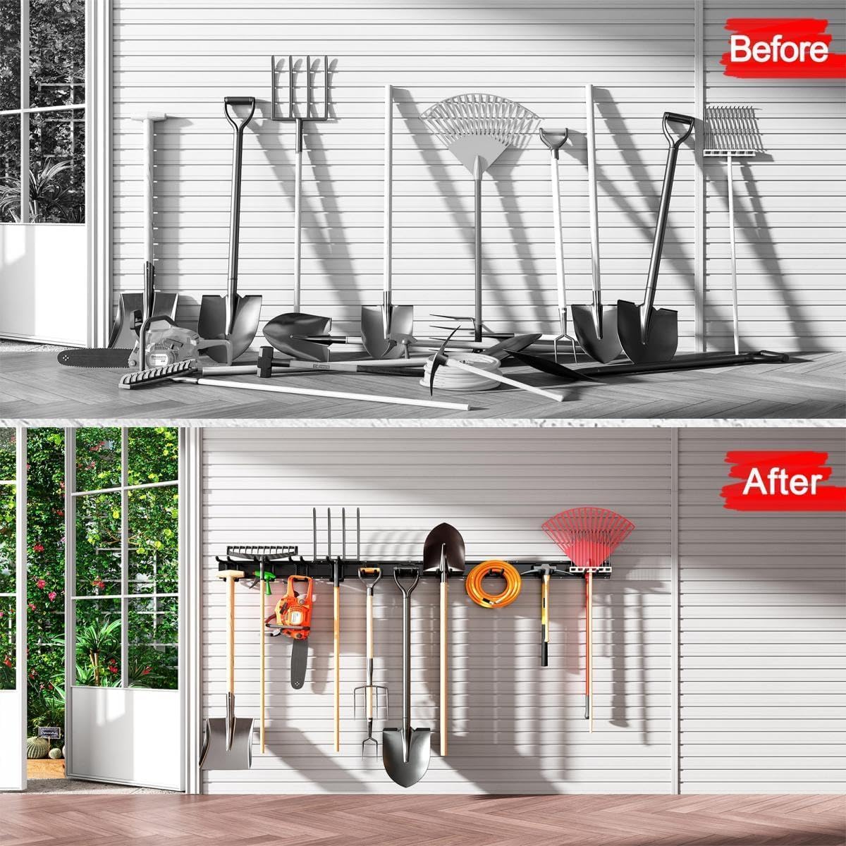 Garage Tool Organizer Wall Mount, Garage Storage, Garage Organization,64 Inch Garage Organizer Wall Mounted,4 Rails and 10 Adjustable Hooks,Max 550lbs (Black)