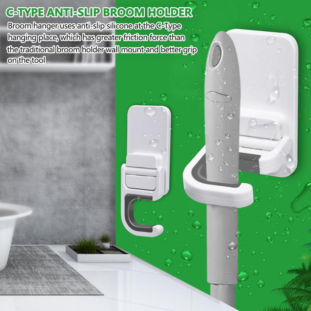 3pack Broom and Mop Holder Wall Mount No Drill Mop and Broom Gripper Mop Handle Hanger Household Cleaning Organizer, Holds up to 6 lb