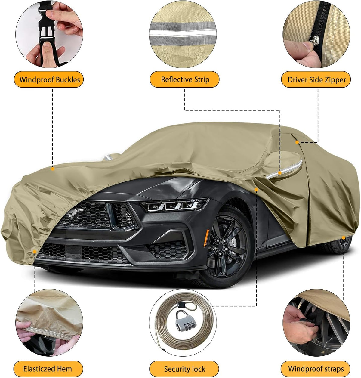 Waterproof Car Covers Replace for 1994-2025 Ford Mustang, Multilayer Heavy Duty with Cotton Liner All Weather Custom-fit Car Cover with Zipper Door, Windproof Bands for Snow Rain Dust Protection