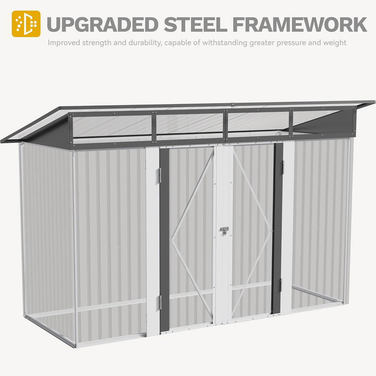 DWVO 9x4 FT Outdoor Storage Shed with Acrylic Windows, Utility Tool Shed Metal Storage Garden Shed with Door & Lock for Bike Storage, Waterproof Trash Shed for Backyard Garden Patio, Dark Dray