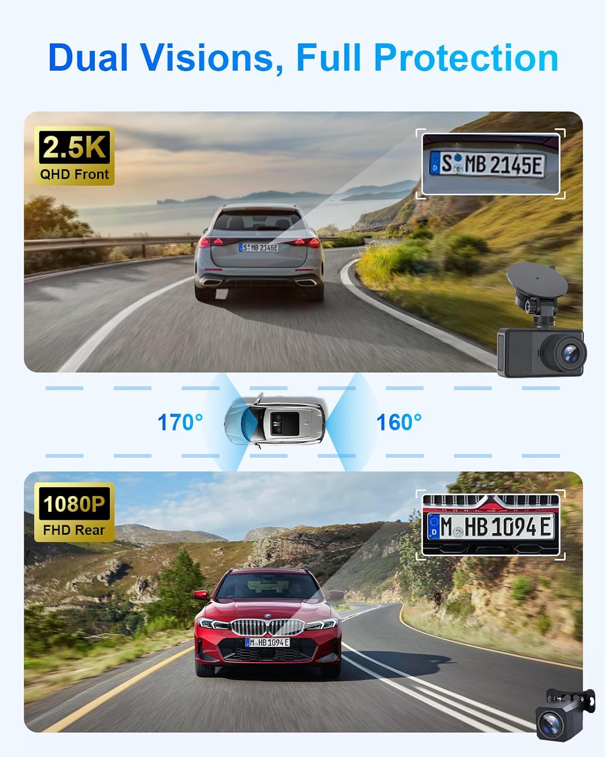 Dash Cam Front and Rear, 2.5K+1080P Dual Dash Camera for Cars, 2’’ Display Mini Car Camera, G-Sensor Dashcam, Night Vision, 24H Parking Mode, Loop Recording, 170°Wide Angle, 64GB Card Included, Black