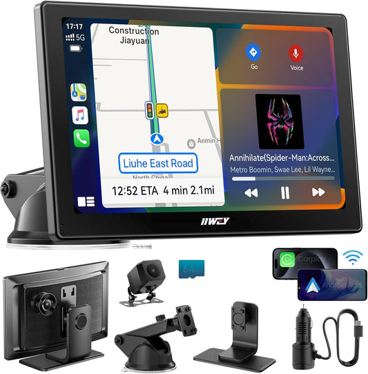 IK5 9" Wireless Apple CarPlay & Android Auto Screen, Portable Car Stereo with 4K Dash Cam & 1080p Backup Camera, Add CarPlay to Any Vehicle, Touchscreen, GPS, Mirror Link
