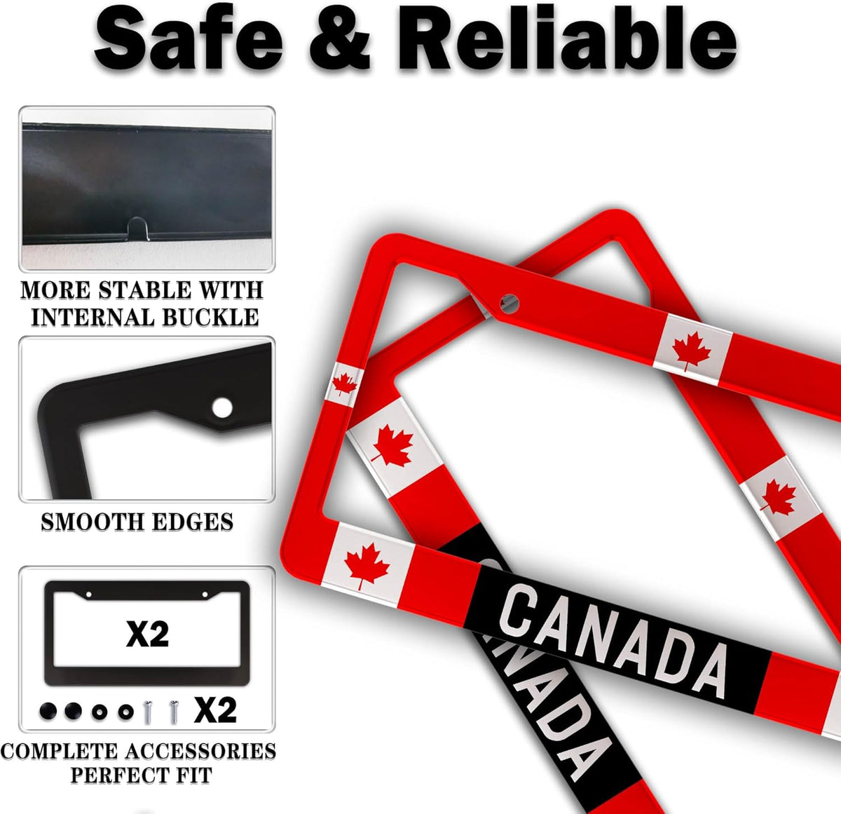 License Plate Covers Red, Black, White License Plate Frames Canada Flag Universal Aluminum Car Accessory 2 Pack with Screw Covers Set