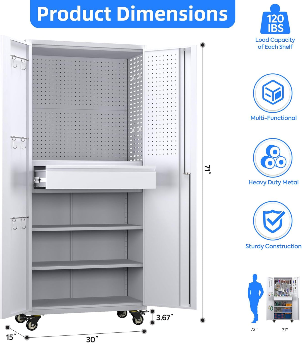 Garage Storage Cabinet with Locking Doors and 2 Adjustable Shelves, 71" H Metal Rolling Tool Storage Cabinet with Wheels, Drawer, Pegboard and 16 Hooks for Garage, Warehouse, White and Gray