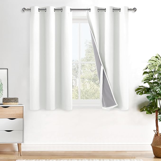 XWZO Full Shading Blackout Curtains 54 Inches Length with Tiebacks- Heat and Light Blocking Ring Top Window Drapes with Black Liner Backing for Bedroom/Kid's Room, Ivory, W42 x L54, Set of 2 Panels