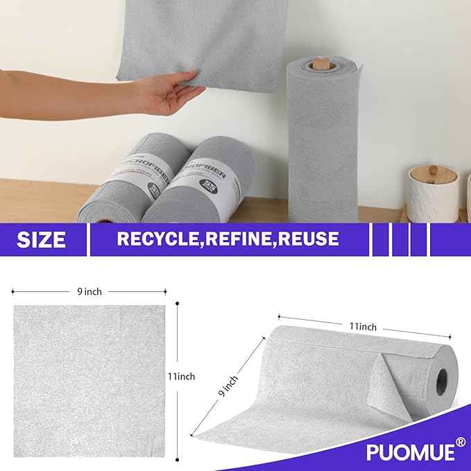 Puomue 55 Pack Microfiber Cleaning Cloth Roll, Tear Away Reusable Towels, 11" X 9", Ultra Absorbent & Lint Free Microfiber Cloth for Cleaning Cars, Kitchen, Window, Home and Shop, Grey