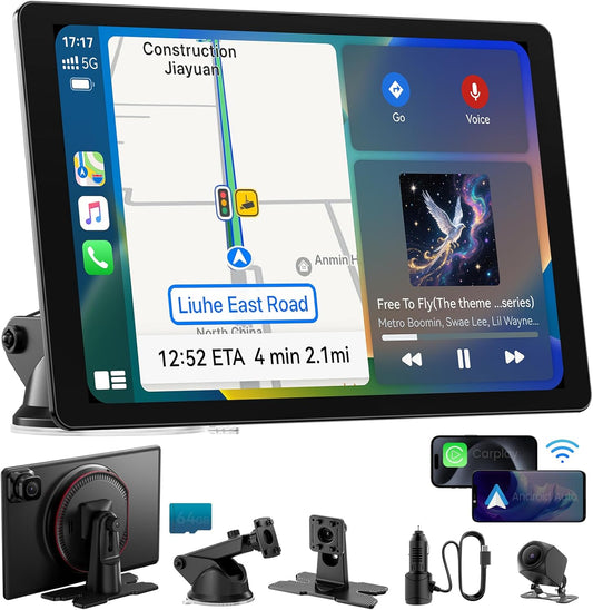 11" Extra Large Wireless Apple CarPlay Screen for Car – Ultra-Slim 0.16 Inch Touchscreen Car Stereo with Android Auto, 4K Dash Cam, 1080p Backup Camera, GPS, Mirror Link, Voice Control