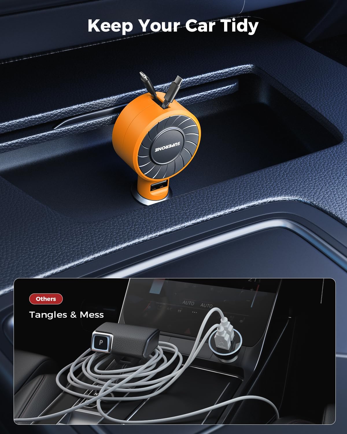 SUPERONE 3-in-1 Car Charger with Retractable Cords, USB C Charger Car Adapter Compatible with iPhone 16/15/14/13/12/11 Pro Max Samsung Android Phones