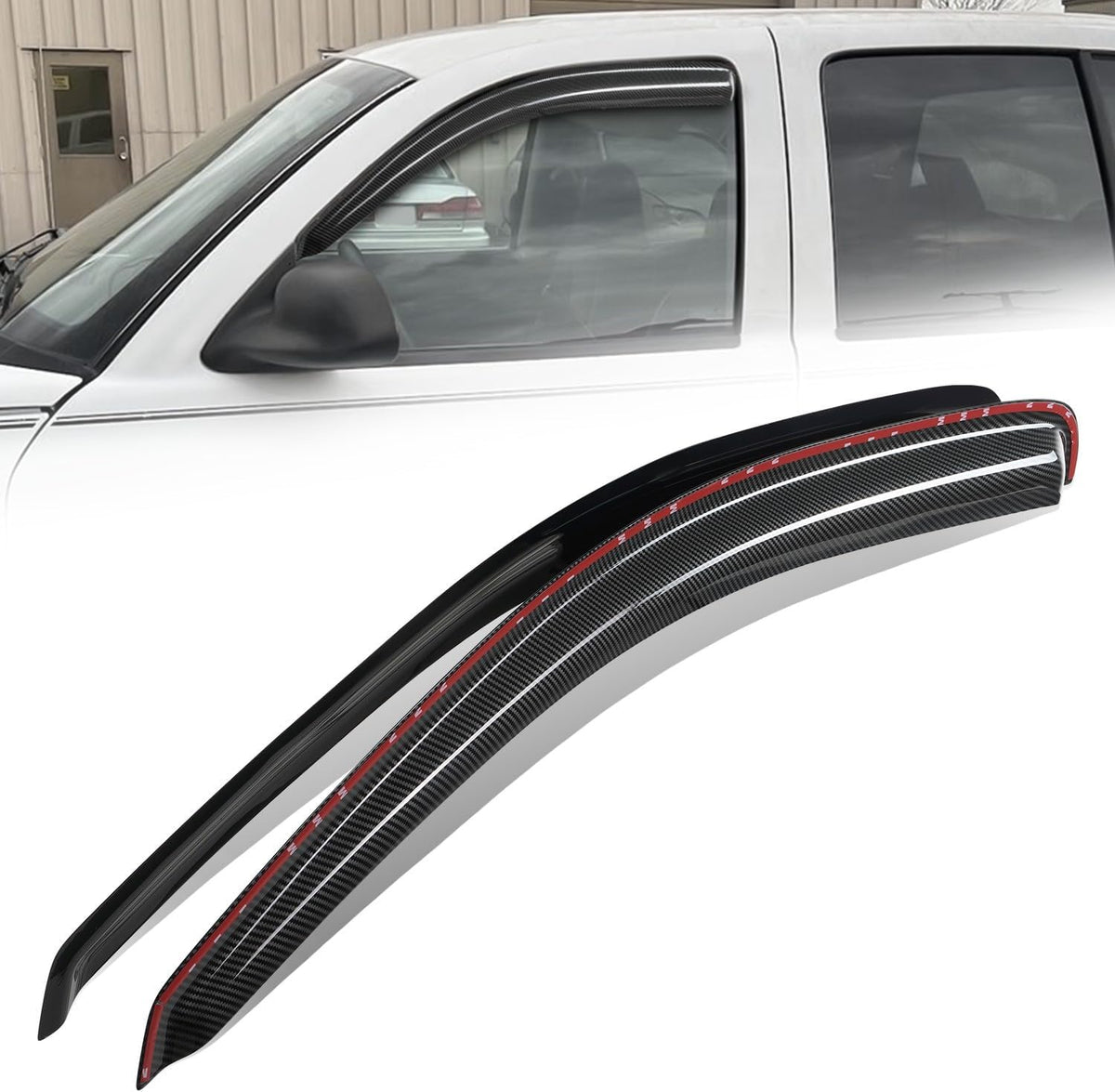 Auto Dynasty 2Pcs Carbon Fiber Pattern Window Visors Compatible with 1997-2004 Dodge Dakota 2-Door, Tape-On Front Window Deflectors Rain Guards Sun Wind Air Side Vent Shade, Glossy Black