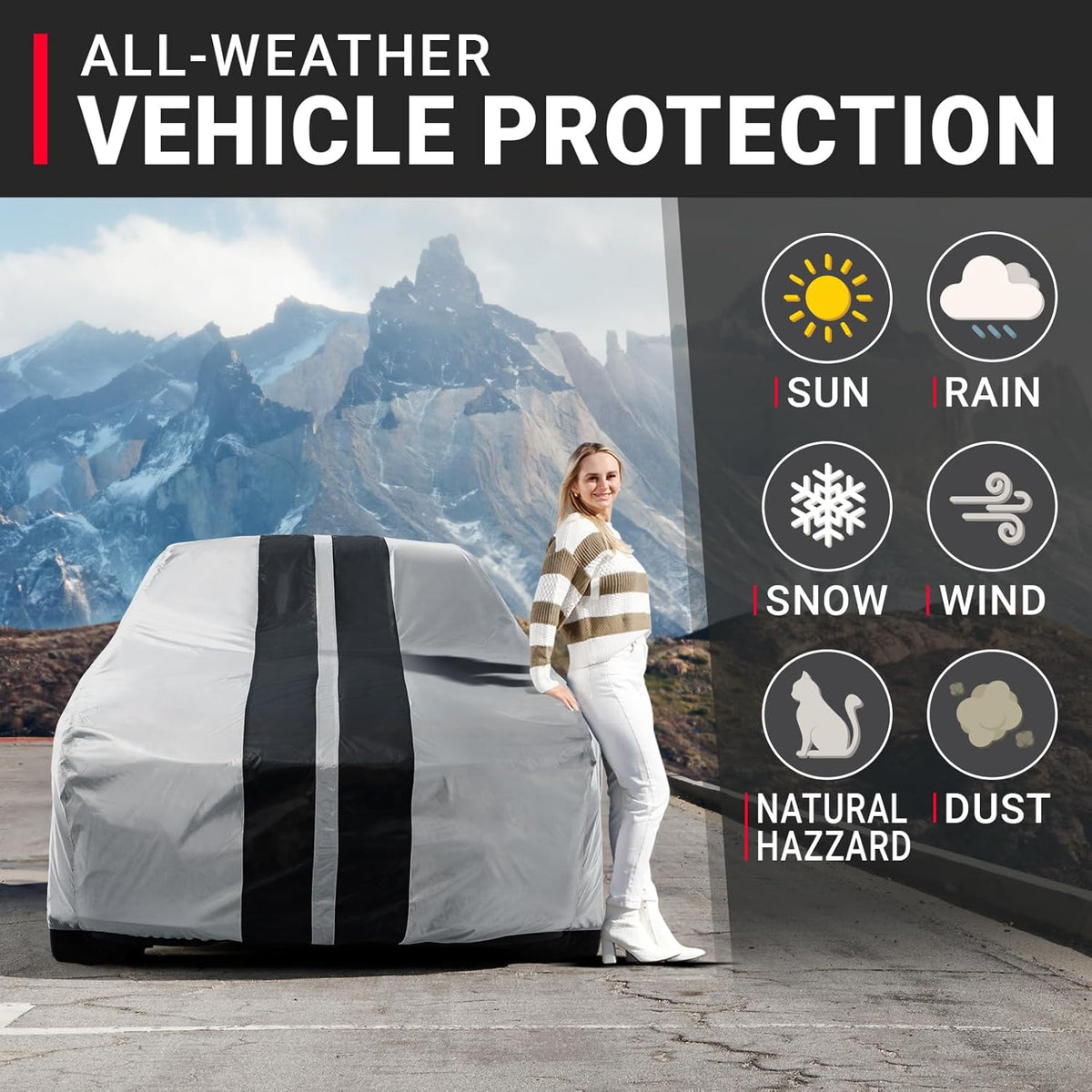 iCarCover Custom Car Cover for Pontiac Lemans 2-Door, 4-Door (1963-1969) Waterproof All-Weather Rain Snow UV Sun Protector Full Exterior Indoor Outdoor Car Cover (Stripe - Gray/Black)