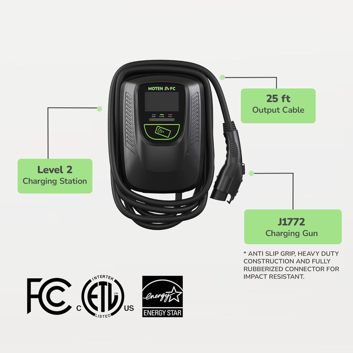 DORADO-80S by MOTEN EVFC Level 2 EV Home Charger 80A / 19.2 kW Ethernet, WiFi, RFID, 25 FT Cable, FCC, ETL, Energy Star, eMOTEN Phone APP, Hardwired