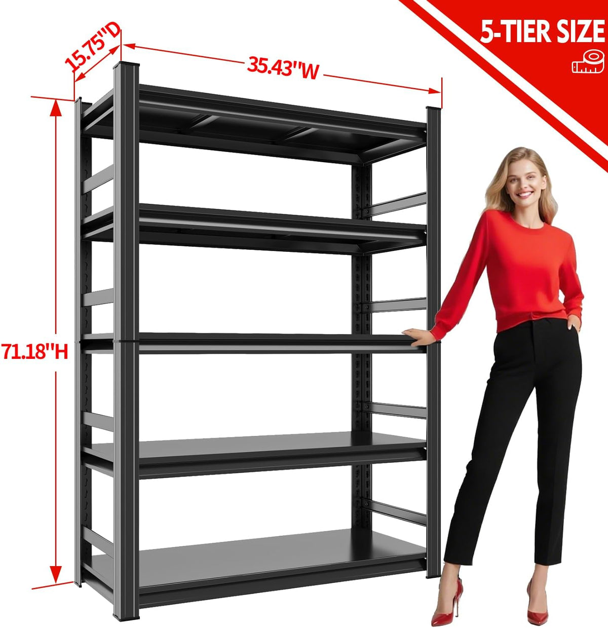 72" H Garage Shelving 5 Tier Shelving Unit, 3500Lbs Adjustable Metal Garage Storage Shelves Heavy Duty for Basement, Warehouse, Kitchen, Pantry (71.18'H X 35.43''W X 15.75''D)