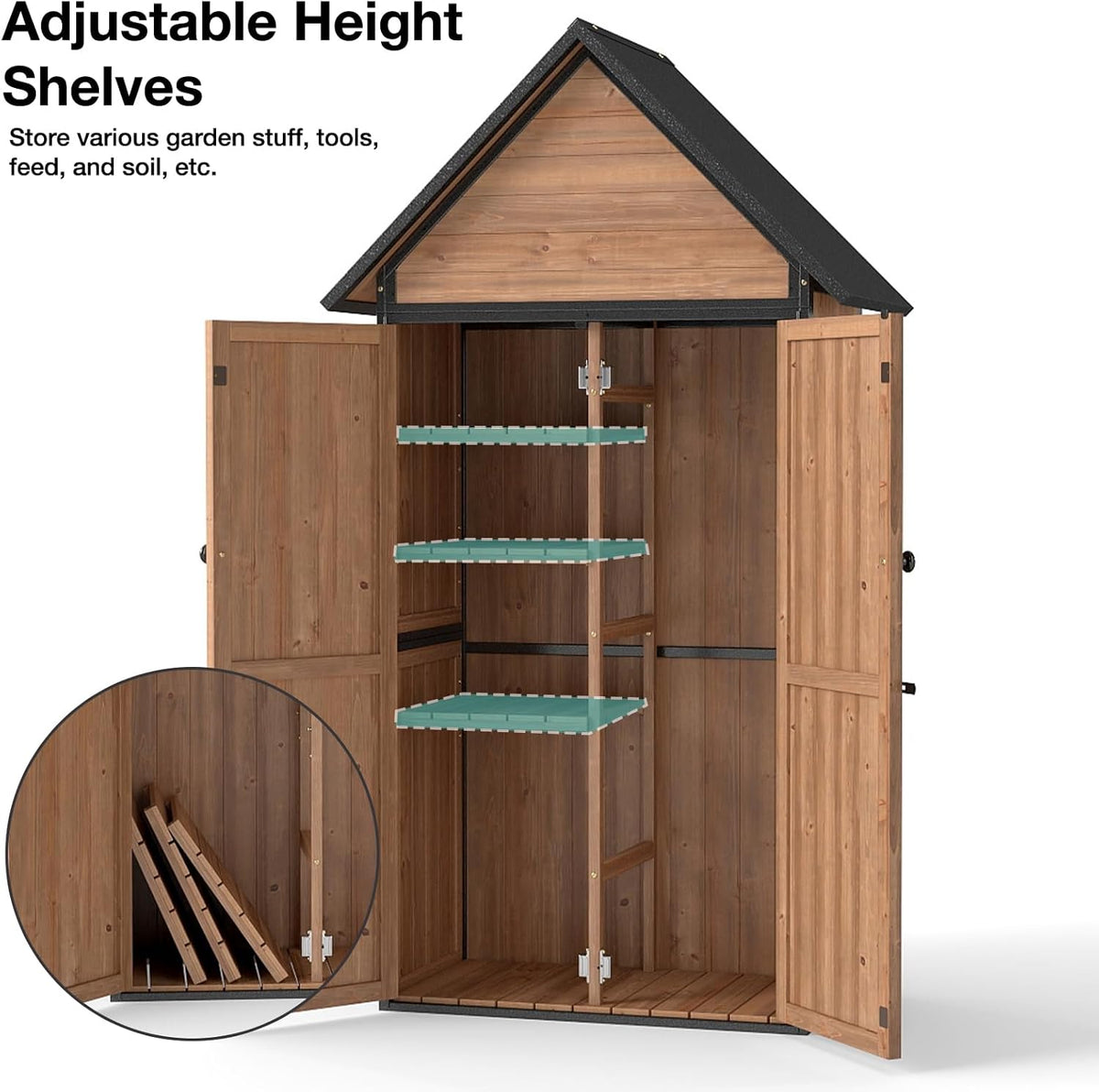 Outdoor Storage Shed with Sloped Roof - Heavy-Duty Metal & Wood Garden Cabinet, Adjustable Shelves, Large Capacity Waterproof Design for Patio, Garage, Backyard (Brown)
