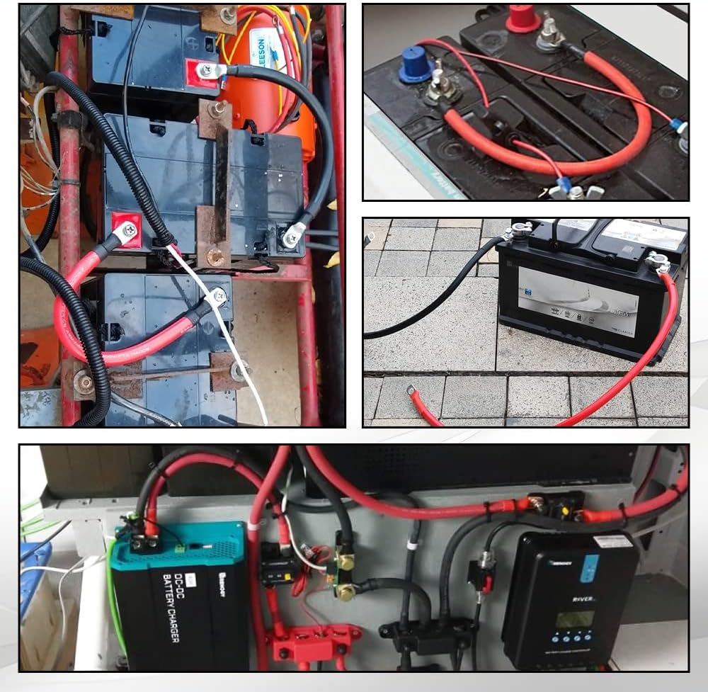 A ABIGAIL 2 AWG Battery Cable 2AWG Gauge Pure Copper Battery Inverter Cables with 3/8 in Lugs Both Ends Power Inverter Wire Set for Automotive Solar Marine Boat RV Car Motorcycle Red and Black (2FT)