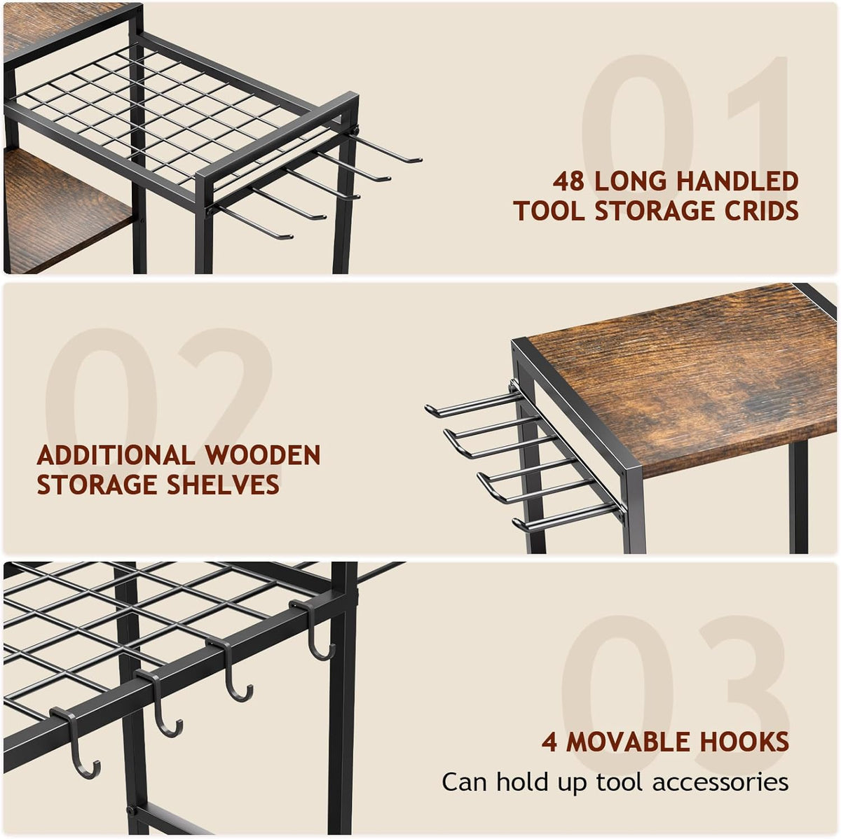 Garden Garage Tool Organizer - with 3-tier Shelves, Yard Tool Organizer for Garage with 4 Hooks, Heavy duty Steel Garden Tool Rack Holds up to 48 Long Handled Yard tools for Storage