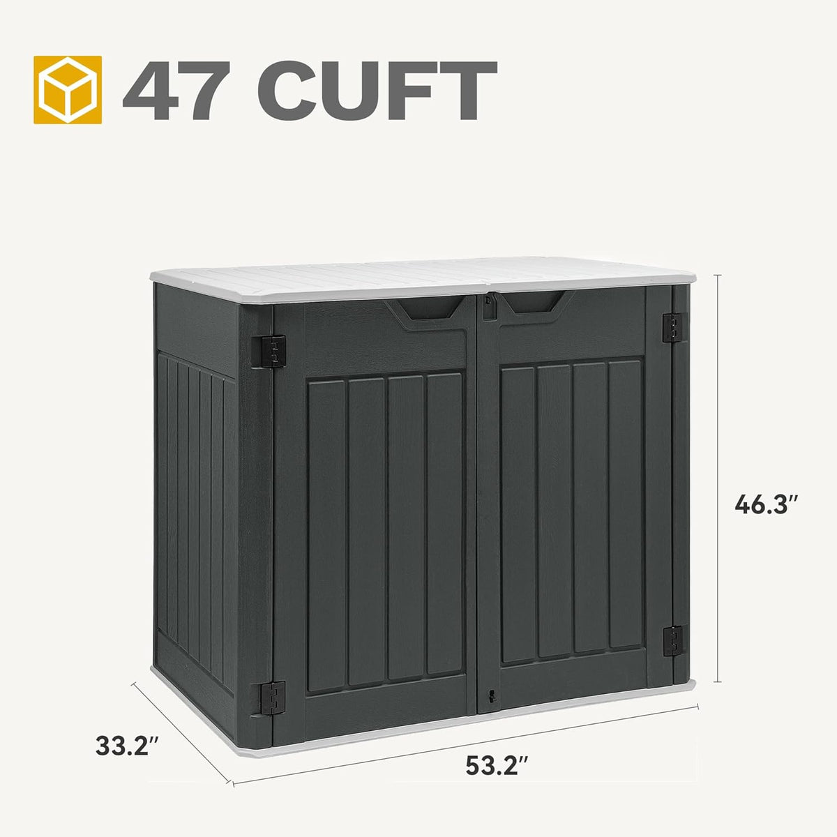 DWVO 47 cu ft Spacious Horizontal Storage Unit, Outdoor Resin Tool Locker Without Shelf, Waterproof Lockable Container with Base for Gardening, Waste Bins, Grass Cutter, 4.5x2.8x3.9 ft, Dark Gray