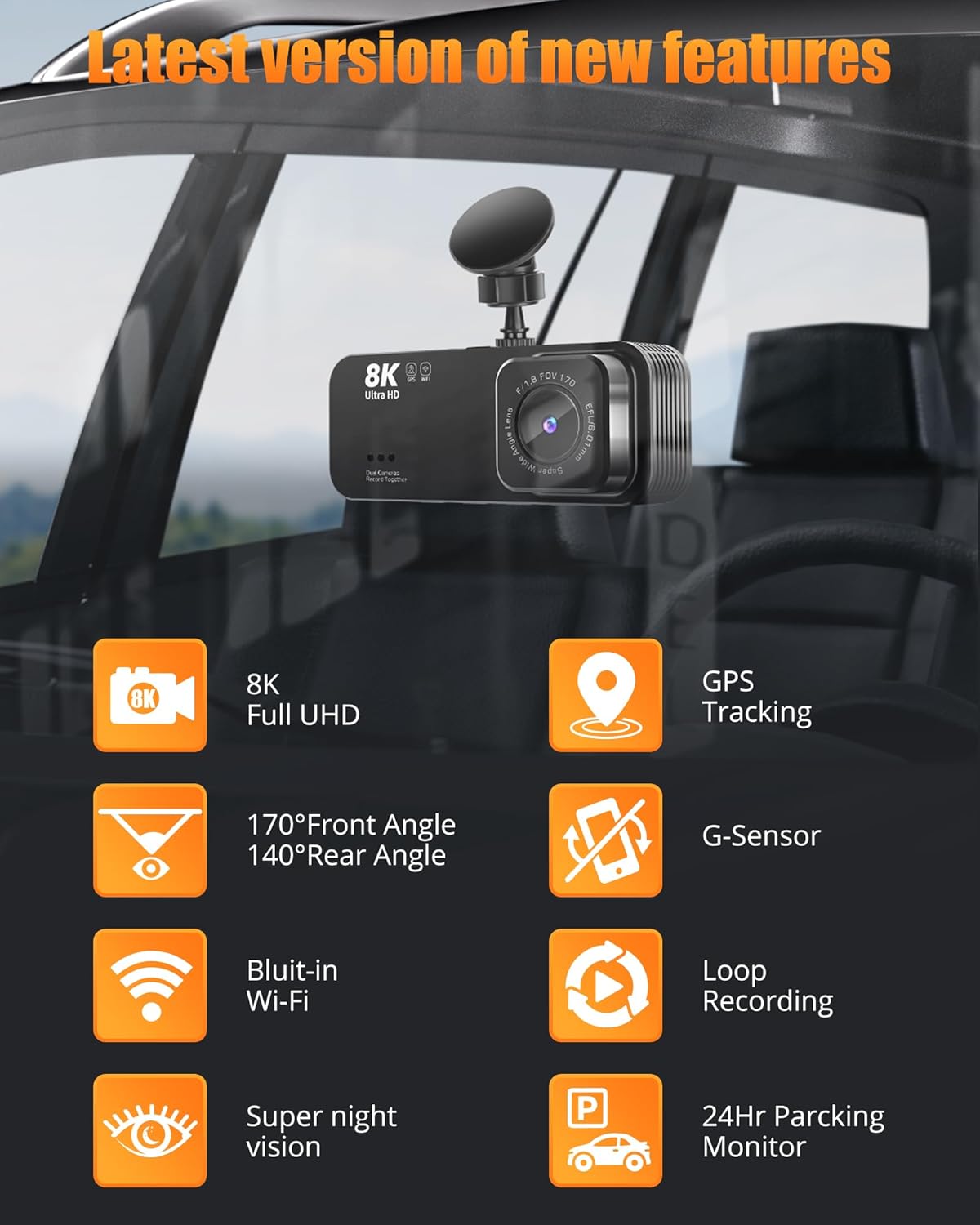 Dash Cam Front and Rear, 8K/2.5K UHD Dash Camera for Cars, Dash cam with 32GB Card, Built-in Wi-Fi & GPS, 3.16”IPS Screen, Night Vision, 170°Wide Angle, WDR, 24H Parking Mode