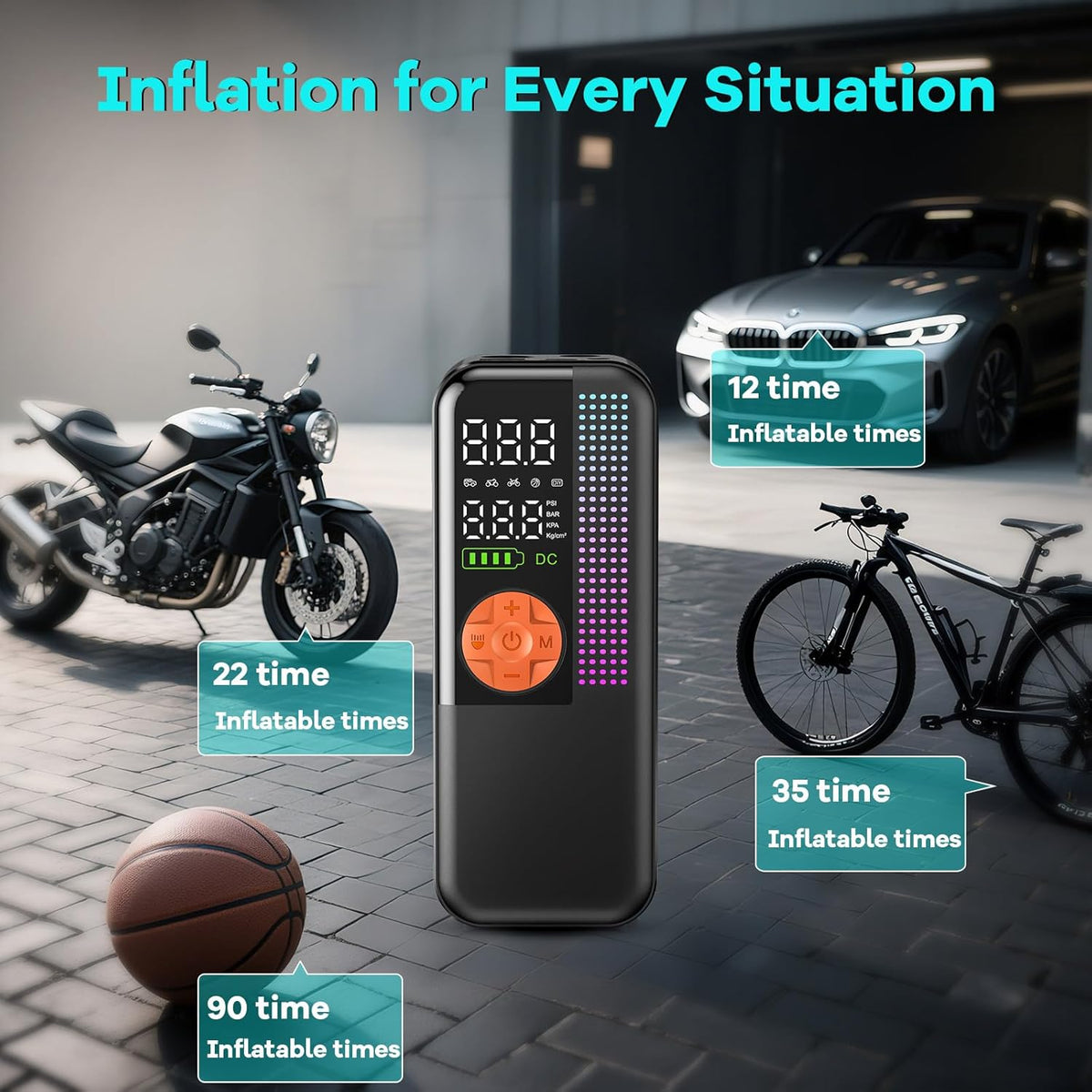 Portable Tire Inflator Air Compressor, 150 PSI Cordless Air Pump, 6000mAh Battery & 12V Car Outlet, Digital Pressure Gauge, Auto Shut-Off, Fast 24L/Min, LED Light, 4 Preset Modes for Car, Bike, Balls