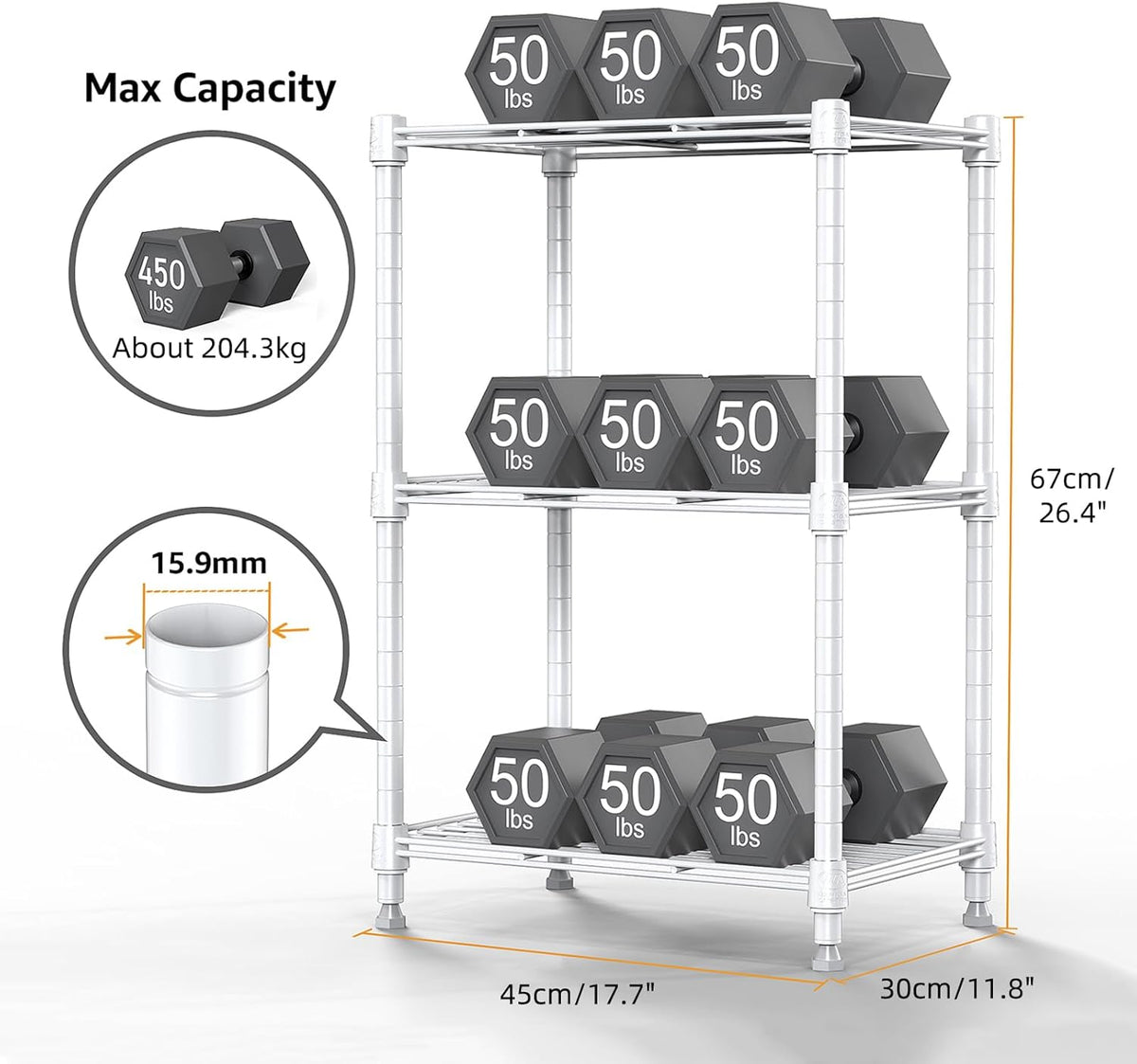 450 lbs Wire Storage Shelving 3-Tier Utility Shelving Unit Steel Organizer Wire Rack for Home,Kitchen,Office,White (11.8" D x 17.7" W x 26.4" H)